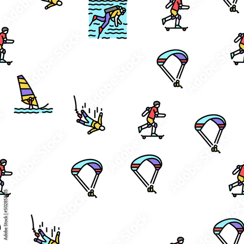 Extreme Sport Sportsman Activity Vector Seamless Pattern Thin Line Illustration