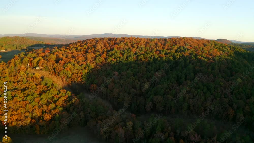Aerial Forward Shot Of Beautiful Autumn Trees On Hills Against Clear Sky - Russellville, Arkansas Aerial Forward Shot Of Beautiful Autumn Trees On Hills Against Clear Sky - Russellville, Arkansas