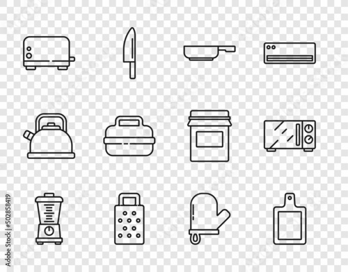 Set line Blender, Cutting board, Frying pan, Grater, Toaster, Cooking pot, Oven glove and Microwave oven icon. Vector