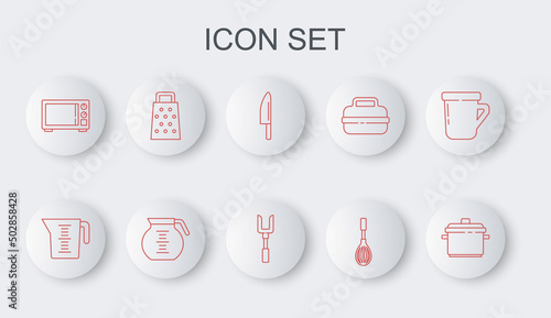 Set line Cooking pot, Measuring cup, Knife, Kitchen whisk, Microwave oven, Grater, Coffee and Barbecue fork icon. Vector