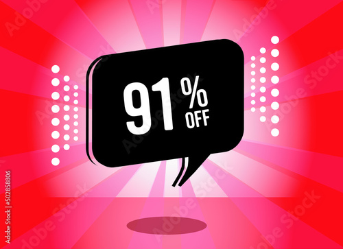 91% off. red and pink banner with ninety one percent discount on a black balloon for mega big sales