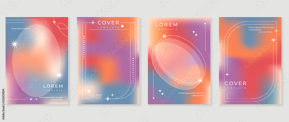 Abstract gradient fluid liquid cover template. Set of modern poster with vibrant graphic color, hologram, circle bubbles, star elements. Minimal style design for brochure, flyer, wallpaper, banner.
