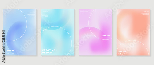 Abstract gradient fluid liquid cover template. Set of modern poster with vibrant graphic color, hologram, circle bubbles, star elements. Minimal style design for brochure, flyer, wallpaper, banner.