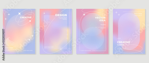 Abstract gradient fluid liquid cover template. Set of modern poster with vibrant graphic color, hologram, circle bubbles, star elements. Minimal style design for brochure, flyer, wallpaper, banner.