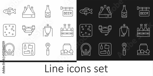 Set line Cold beer can, Pack of bottles, Beer, helmet, bubbles, Dried fish, brewing process and icon. Vector