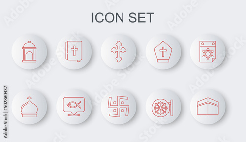 Set line Kaaba mosque, Church tower, Christian cross, Dharma wheel, Muslim Mosque, Holy bible book, fish and Hindu swastika icon. Vector