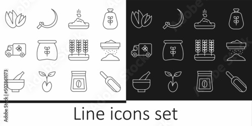 Set line Scoop flour, Sifting, Seed, Bag of, Flour truck, Pistachio nuts, Wheat and Sickle icon. Vector