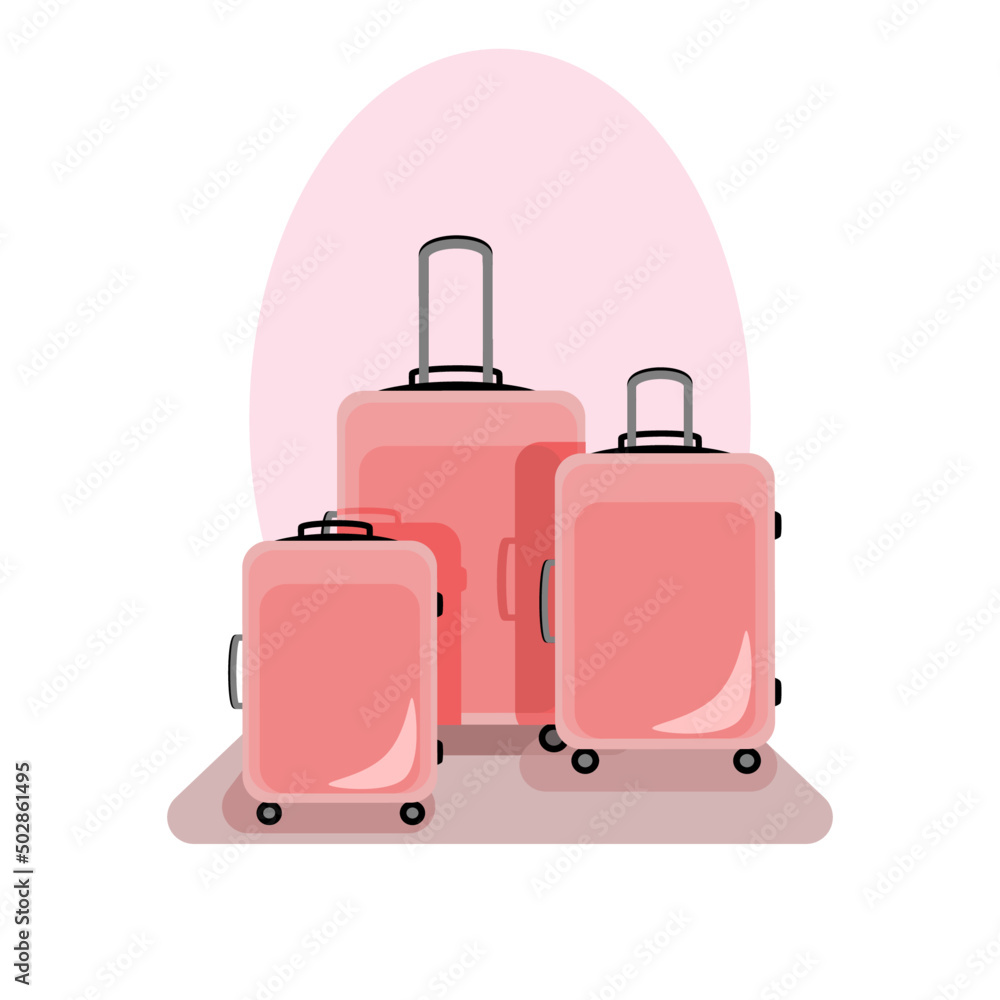 Set of luggage vector illustration with three pink suitcases in flat technique isolated on white Set of luggage vector illustration with three pink suitcases in flat technique isolated on white