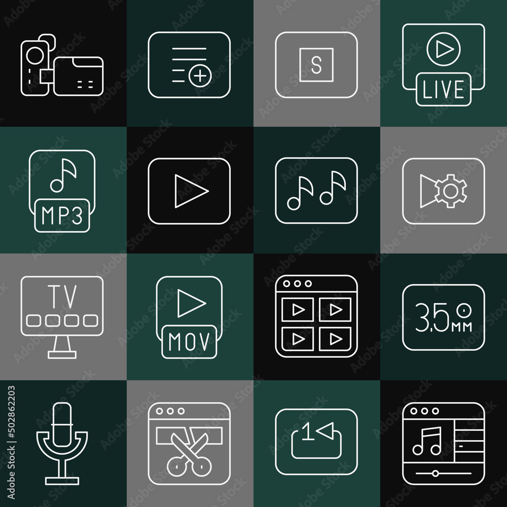 Set line Music player, Audio jack, or video settings, Stop media button, Play, MP3 file, Cinema camera and note, tone icon. Vector Set line Music player, Audio jack, or video settings, Stop media button, Play, MP3 file, Cinema camera and note, tone icon. Vector