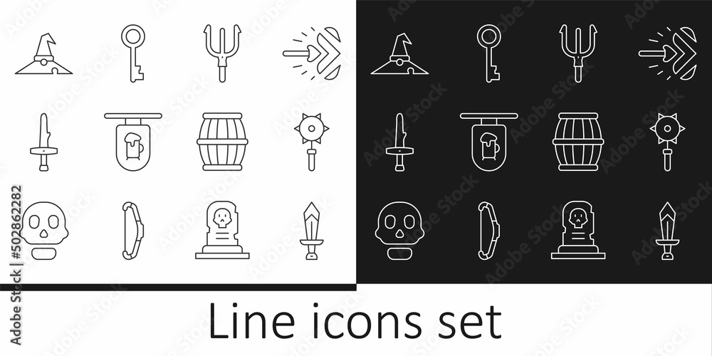 Set line Sword for game, Medieval chained mace ball, Neptune Trident, Street signboard with Bar, Dagger, Witch hat, Gun powder barrel and Old key icon. Vector