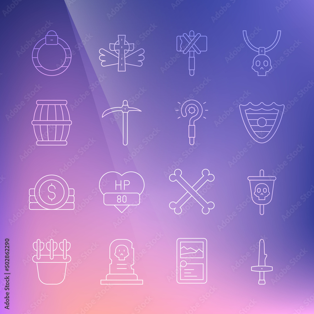 Set line Dagger, Pirate flag, Shield, Medieval axe, Pickaxe, Gun powder barrel, Magic stone ring and wand icon. Vector Set line Dagger, Pirate flag, Shield, Medieval axe, Pickaxe, Gun powder barrel, Magic stone ring and wand icon. Vector