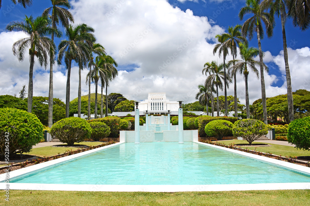 Mormon temple in Laie town on the windward and northshore area of Oahu, Hawaii