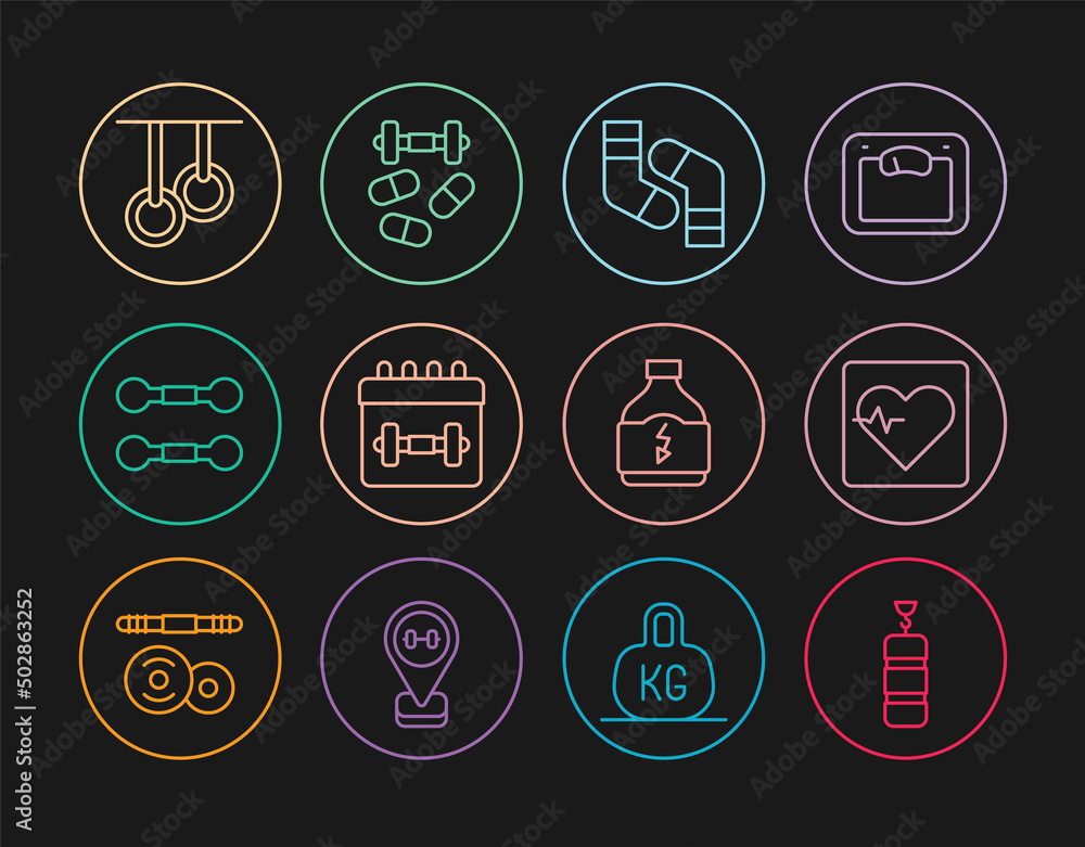 Set line Punching bag, Heart rate, Socks, Calendar fitness, Dumbbell, Gymnastic rings, Sports nutrition and doping with dumbbell icon. Vector Set line Punching bag, Heart rate, Socks, Calendar fitness, Dumbbell, Gymnastic rings, Sports nutrition and doping with dumbbell icon. Vector