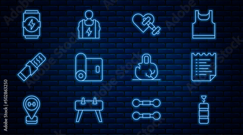 Set line Punching bag, Sport training program, Dumbbell with heart, Fitness mat roll, Protein sport bar, Energy drink, Broken weight and Bodybuilder icon. Vector