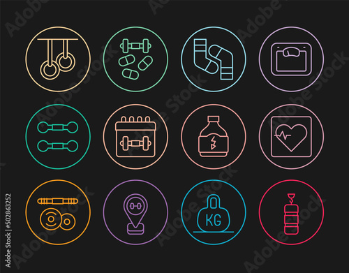 Set line Punching bag, Heart rate, Socks, Calendar fitness, Dumbbell, Gymnastic rings, Sports nutrition and doping with dumbbell icon. Vector