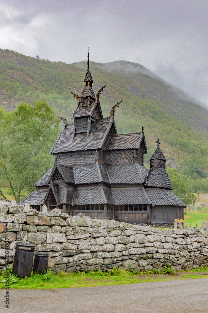 Stave Church in Norway. Old dark wooden walls and towers