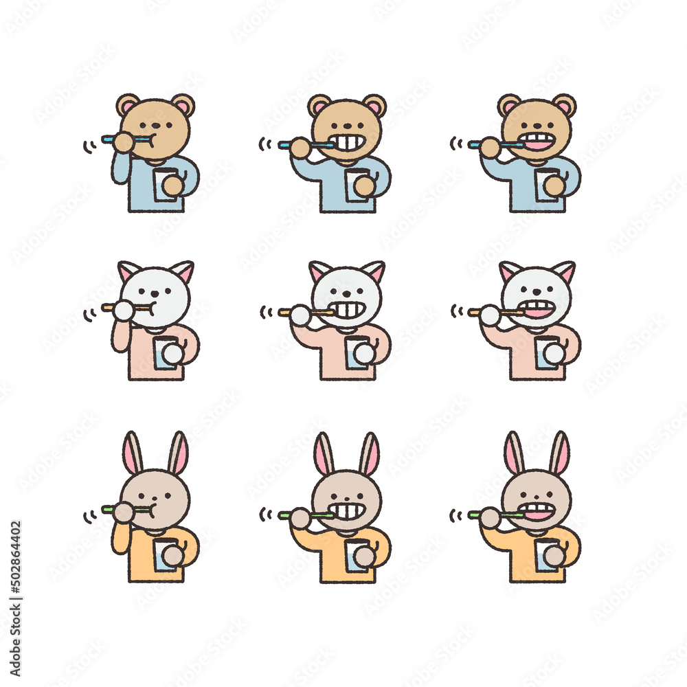 歯ブラシを持って歯磨きをする動物さんイラスト素材セット 歯ブラシを持って歯磨きをする動物さんイラスト素材セット