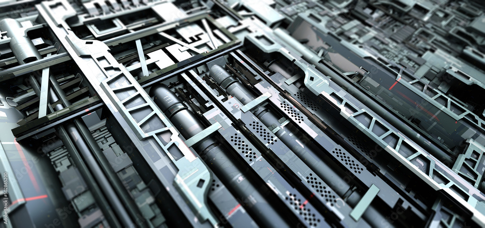 Space station or Sci-fi style futuristic facility or space age external panel surface background. Pipeline like external device. 3D Illustration, 3D rendering. Space station or Sci-fi style futuristic facility or space age external panel surface background. Pipeline like external device. 3D Illustration, 3D rendering.