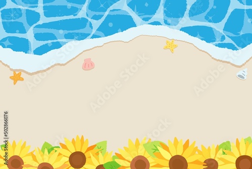 ひまわりとビーチの風景イラスト