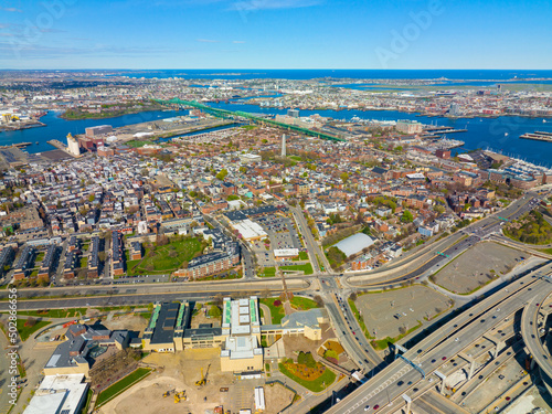 Charlestown historic district aerial view including Bunker Hill Momument and Mystic River with Maurice Tobin Bridge in city of Boston, Massachusetts MA, USA. 
