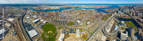 Charlestown historic district aerial view including Bunker Hill Momument and Mystic River with Maurice Tobin Bridge in city of Boston, Massachusetts MA, USA. 