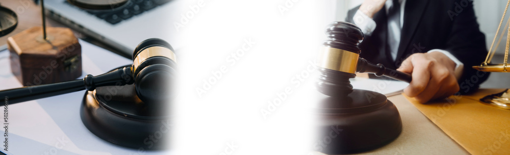 Business and lawyers discussing contract papers with brass scale on desk in office. Law, legal services, advice, justice and law concept picture with film grain effect Business and lawyers discussing contract papers with brass scale on desk in office. Law, legal services, advice, justice and law concept picture with film grain effect