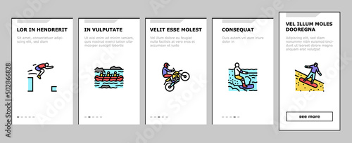 Extreme Sport Sportsman Activity Onboarding Mobile App Page Screen Vector. Bungee Jumping And Motocross, Wakeboarding And Ice Climbing, Skiing Windsurfing Extreme Sport. Sportive Active Illustrations