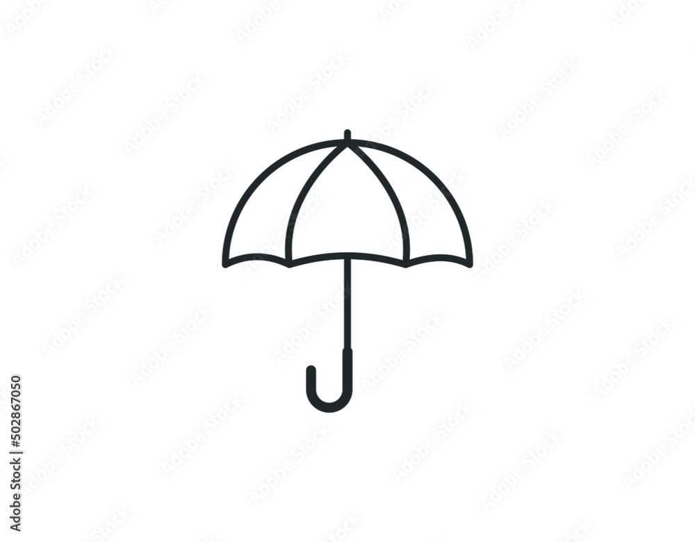 Black umbrella icon in flat linear design. Vector illustration. Umbrella sign on light background.