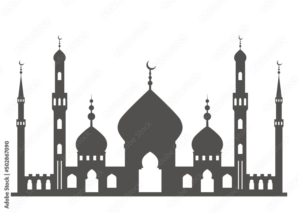 Mosque with minarets silhouette. Islamic architecture on skyline. Istanbul cityscape isolated on white background.