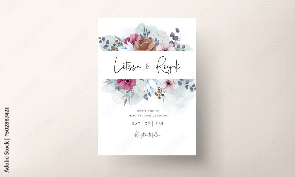 boho wedding invitation card with beautiful flower and leaves