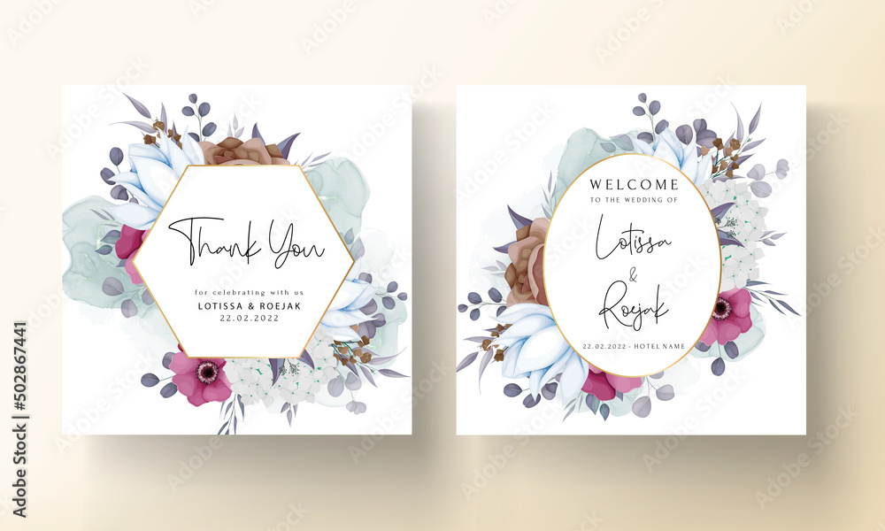 boho wedding invitation card with beautiful flower and leaves