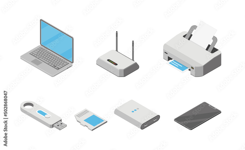 Vector isometric illustration, set of 3d icons of gadgets, laptop, printer, router, USB flash memory, smartphone, power bank Vector isometric illustration, set of 3d icons of gadgets, laptop, printer, router, USB flash memory, smartphone, power bank