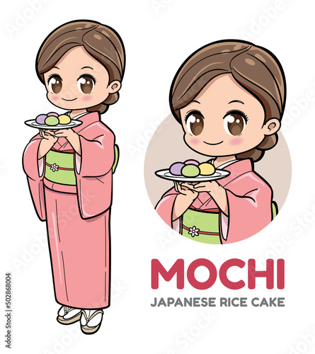 A cute girl in kimono holding a plate of mochi or Japanese rice cake
