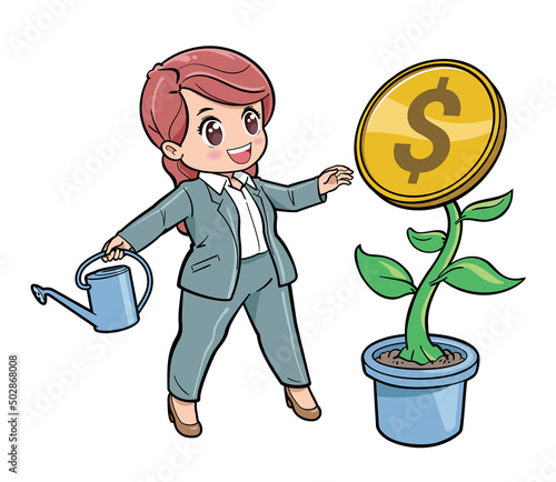 Cute business woman watching her plant producing money

