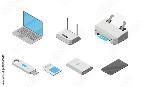 Vector isometric illustration, set of 3d icons of gadgets, laptop, printer, router, USB flash memory, smartphone, power bank