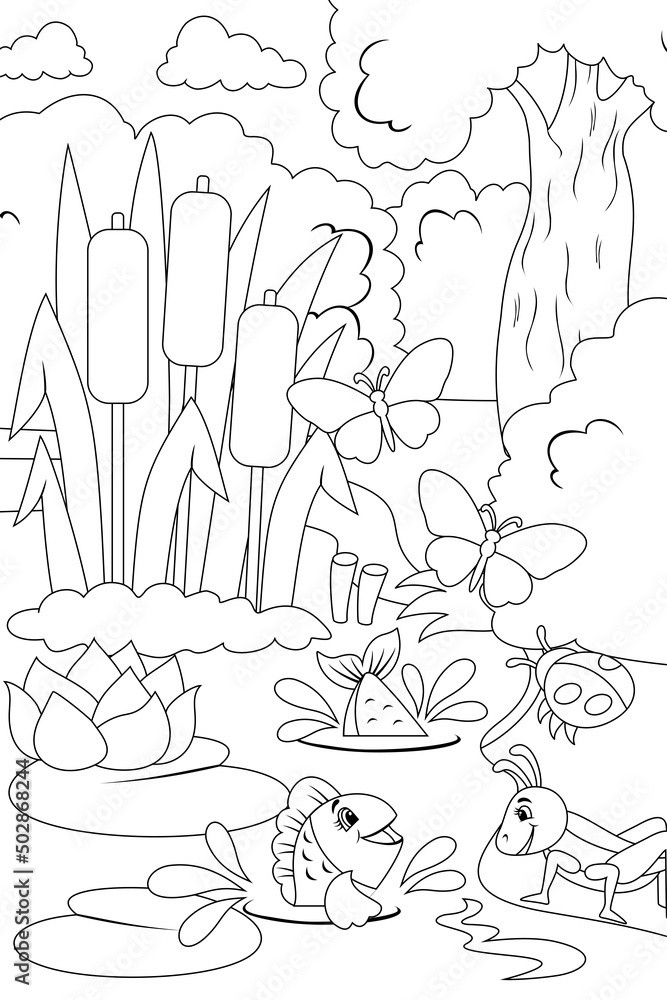 Swamp in the forest with characters. Different characters, fish, insects and nature coloring book.