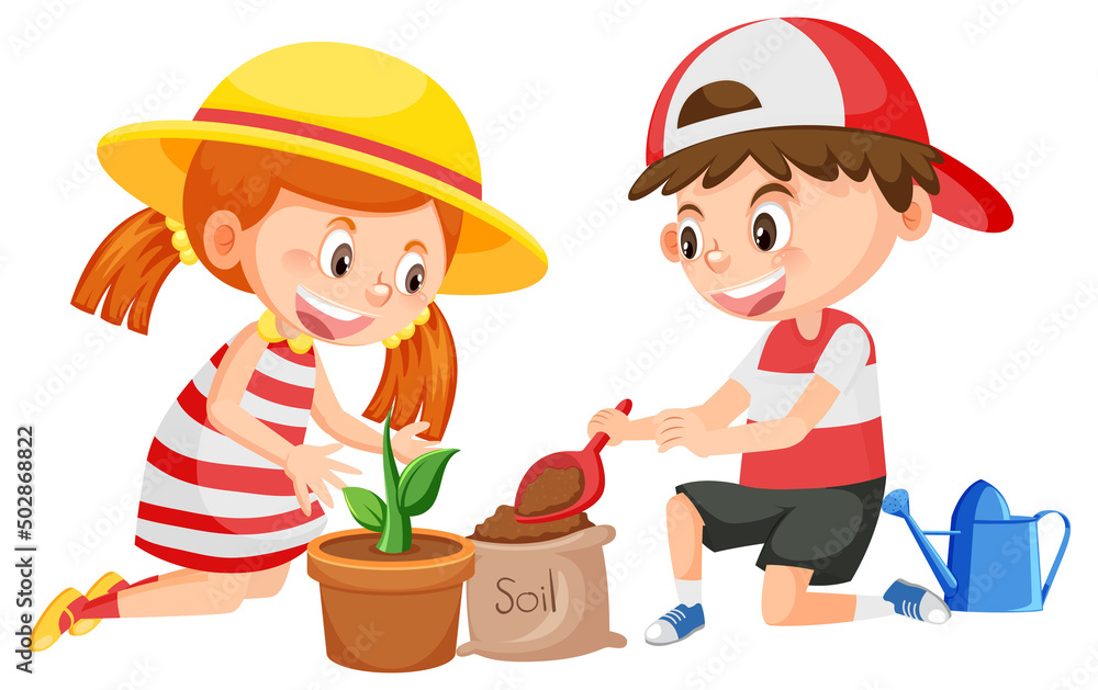 Boy and girl cartoon gardening on white background