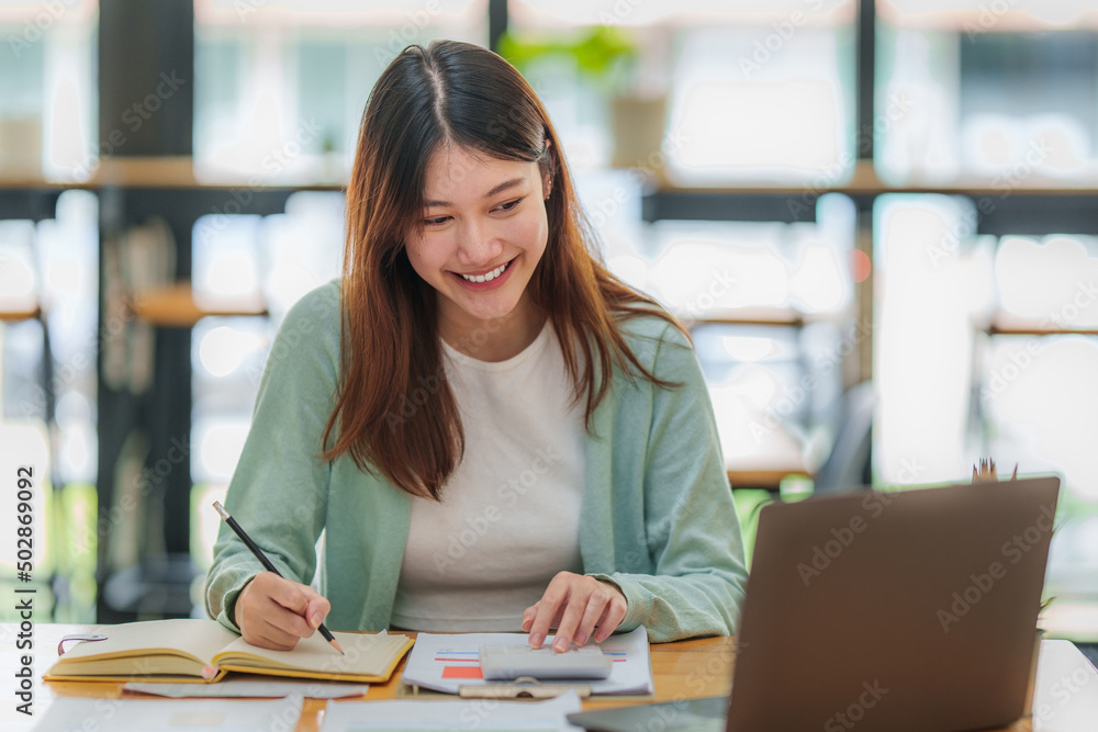 Elearning Online Education concept. Asian woman attentive student