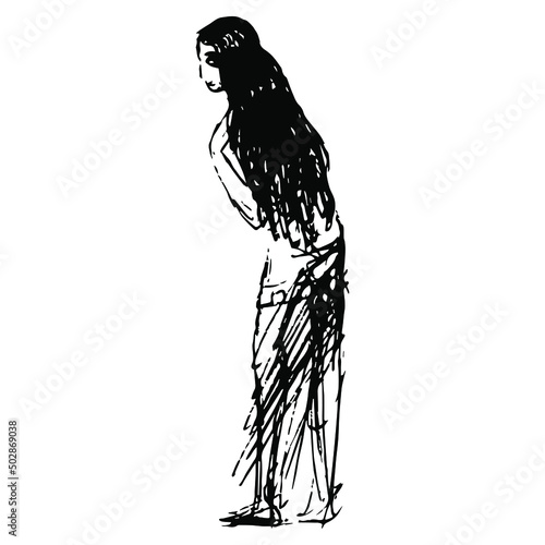 Standing pretty girl with long loose hair. Leaned forward woman. Hand drawn linear doodle rough sketch. Black silhouette on white background.