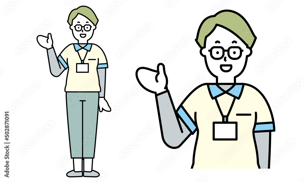 手をかざしているユニフォームを着た女性の介護士の全身イラスト素材。