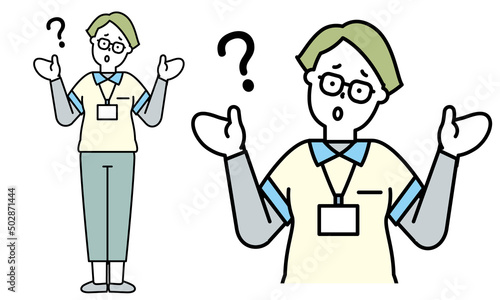 首を傾げてWhy?のポーズをするユニフォームを着た女性の介護士の全身イラスト素材。