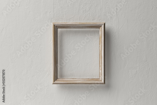 abstract isolated wood frames artwork vintage classic square on white concrete cement rough surface wall decoration inside the museum art gallery. 3D Illustration.