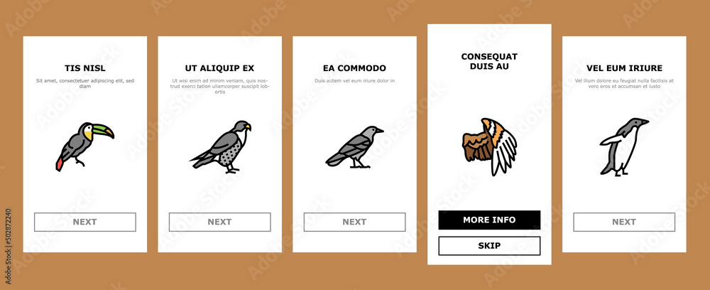 Bird Flying Animal With Feather Onboarding Mobile App Page Screen Vector. Toucan And Duck, Penguin And Swallow, Pigeon And Parrot Bird. Owl And Wren, Colibri And Raven, Eagle Hawk Wing Illustrations