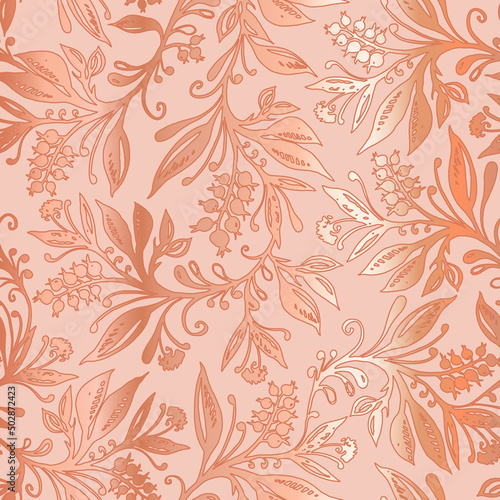Floral seamless pattern with abstract leaves and berries in coral colors with metallic gradient. Design for wallpapers  wrappings  textiles  fabrics.