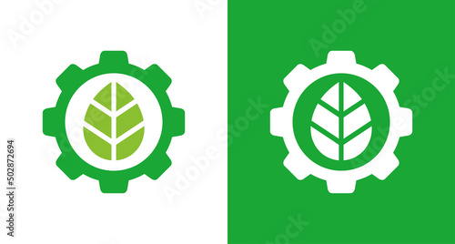 Gear leaf logo icon design, eco industry logo concept, organic factory symbol