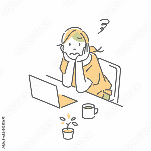自宅でパソコン作業をする女性 シンプルでお洒落な線画イラスト