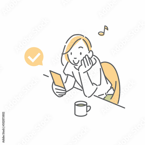 カフェでスマホを操作する女性　シンプルでお洒落な線画イラスト