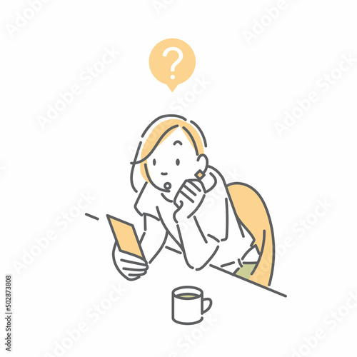 カフェでスマホを操作する女性　シンプルでお洒落な線画イラスト