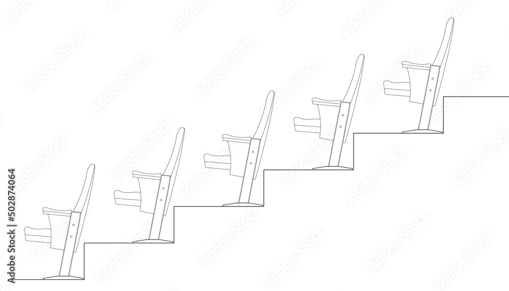 Side elevation of an auditorium or cinema seats installed on the terraced floor to provide a clear view to the audience. 2D CAD drawing in black and white. Side elevation of an auditorium or cinema seats installed on the terraced floor to provide a clear view to the audience. 2D CAD drawing in black and white.