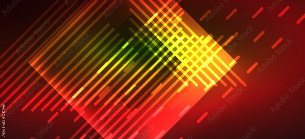 Background neon glowing lines and geometric shapes. Lights in the dark wallpaper for concept of AI technology, blockchain, digital, communication, 5G, science Background neon glowing lines and geometric shapes. Lights in the dark wallpaper for concept of AI technology, blockchain, digital, communication, 5G, science